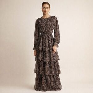 Tane Cheetah Print Maxi Dress Tiered Chiffon Flowy Elegant Evening Size 44